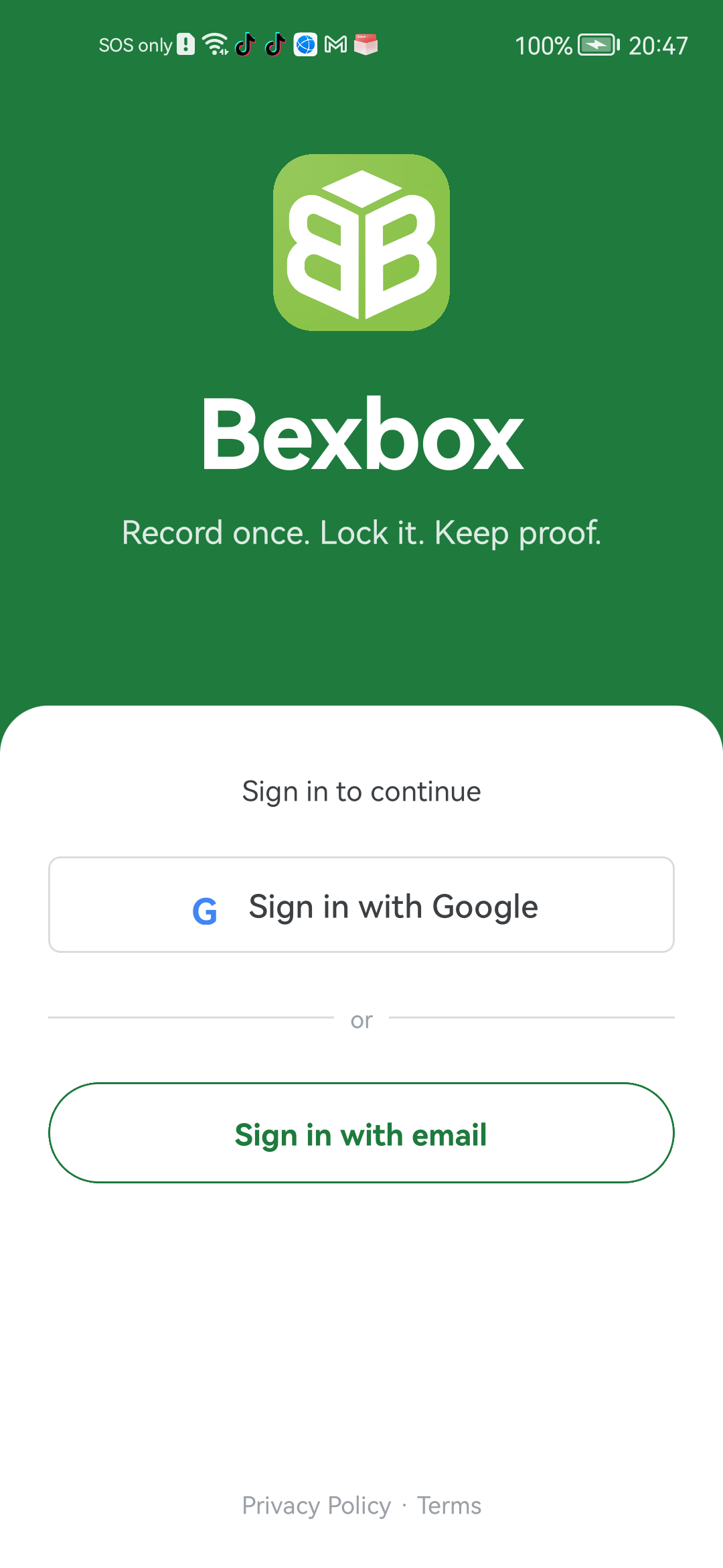 Bexbox sign-in screen with Sign in with Google and Sign in with email