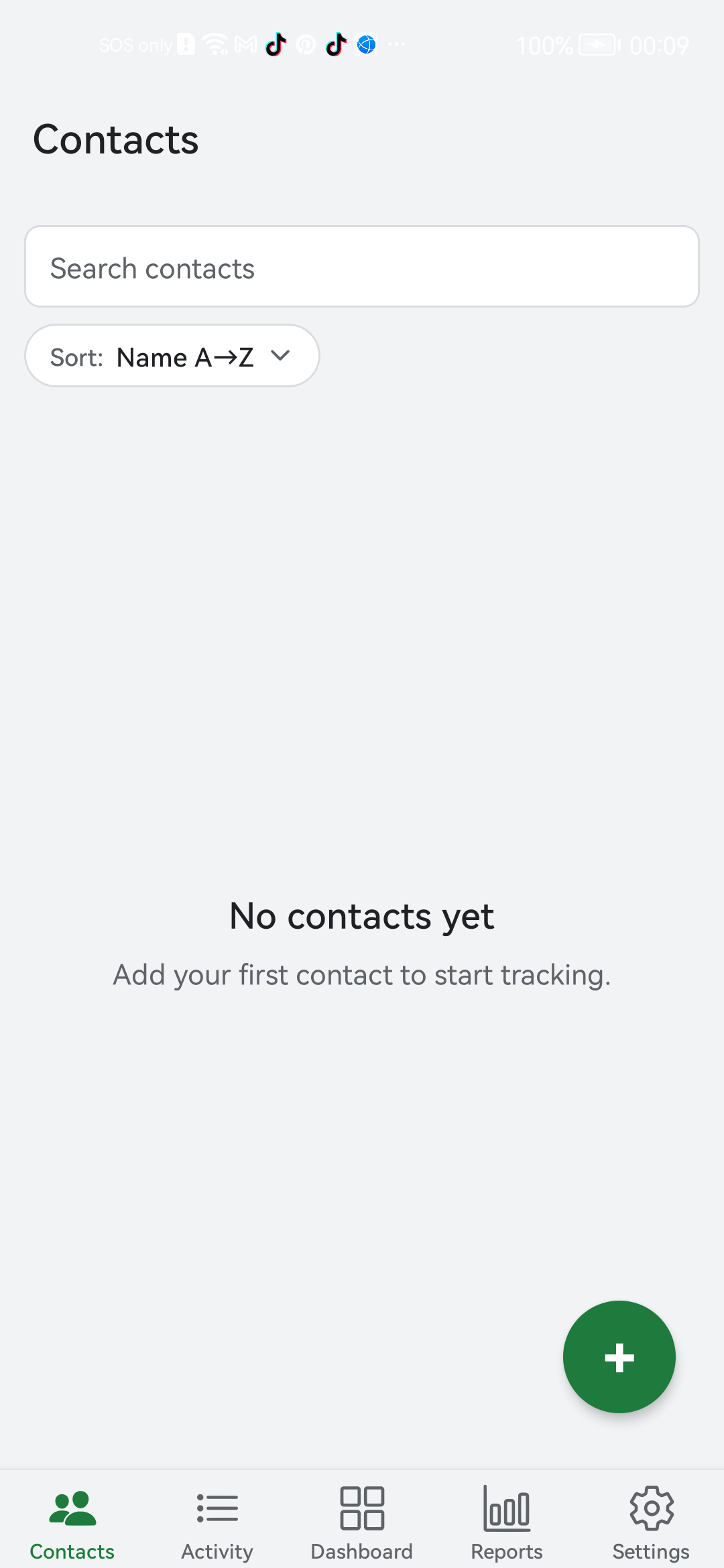 Empty Contacts tab in Bexbox with a + button