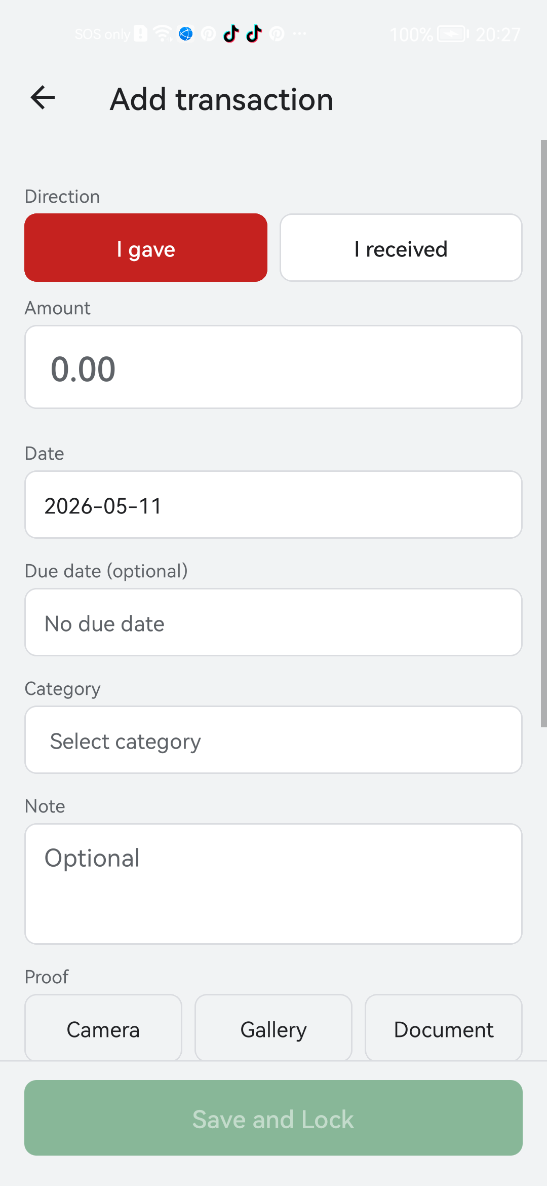 Bexbox attachment options inside a transaction: Camera, Gallery, Document