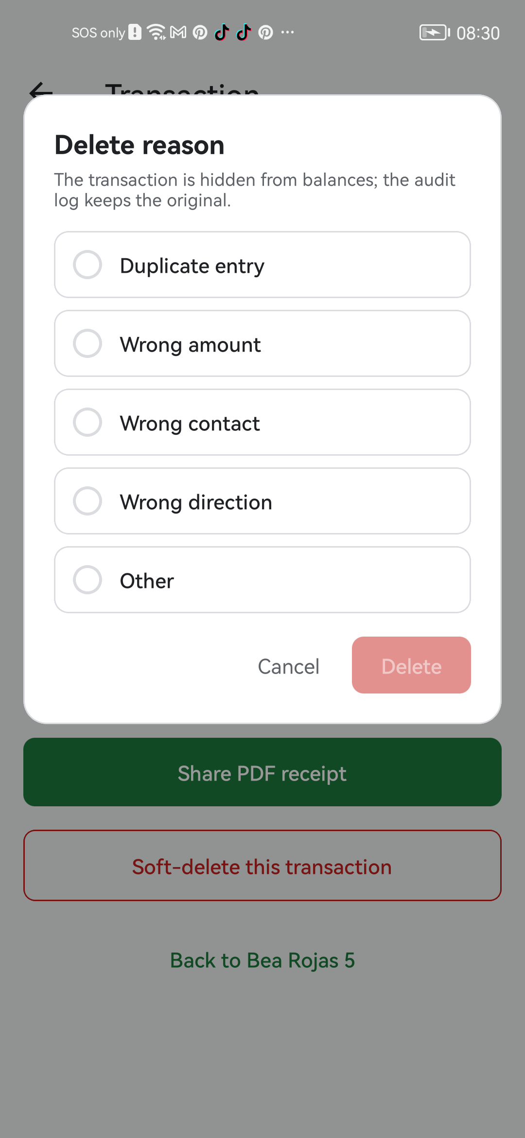 Bexbox delete-with-reason dialog asking for a reason before soft-delete