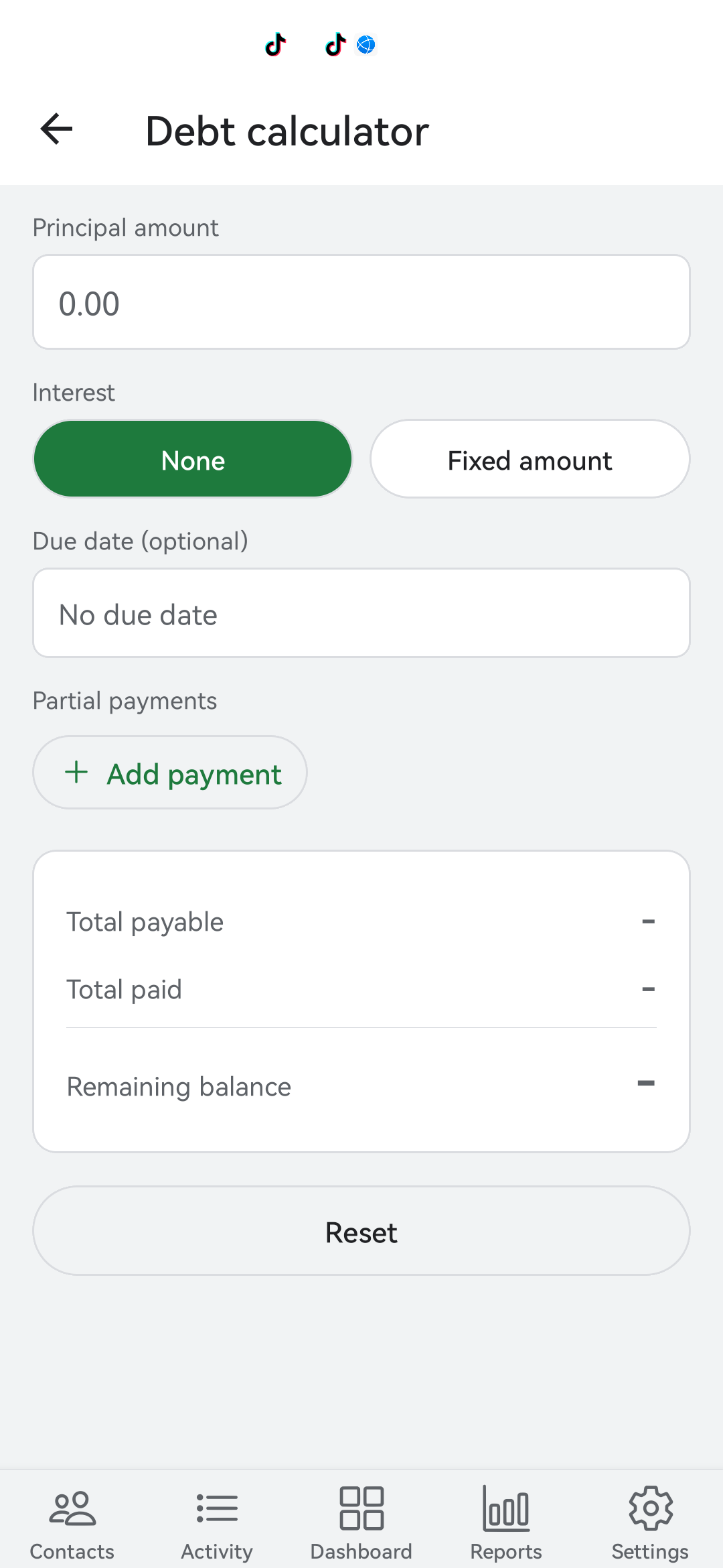 Bexbox Debt calculator with principal, interest, due date, partial payments