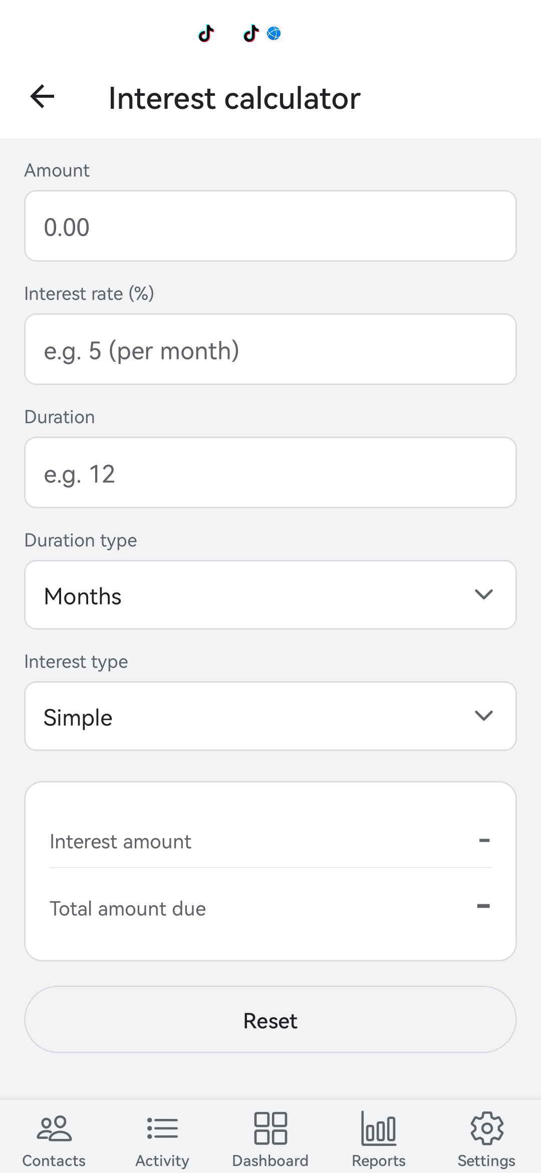 Bexbox Interest calculator with amount, rate, duration, simple interest