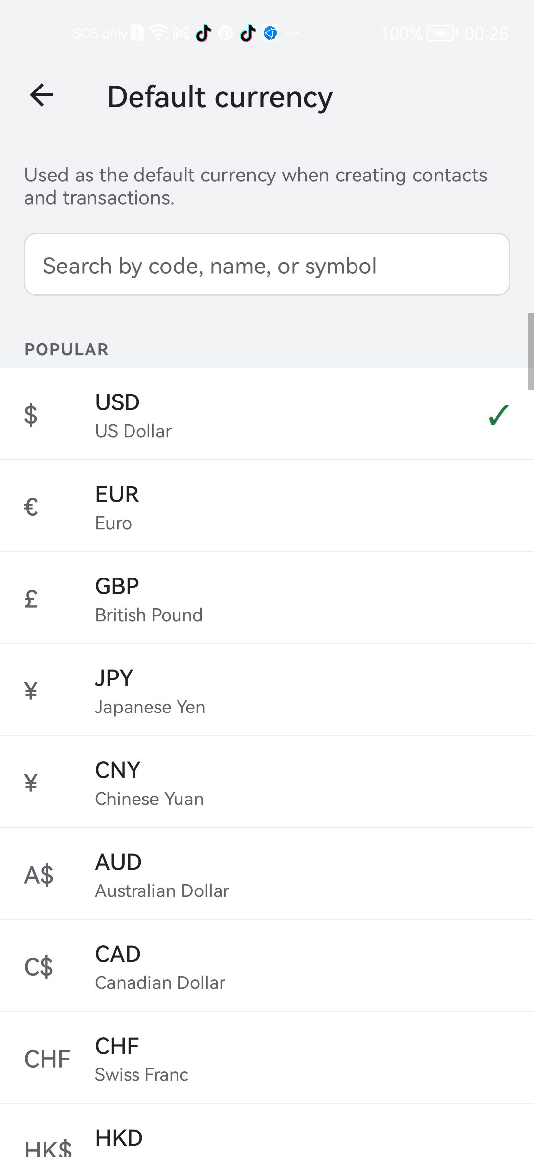 Bexbox Default currency picker with USD selected