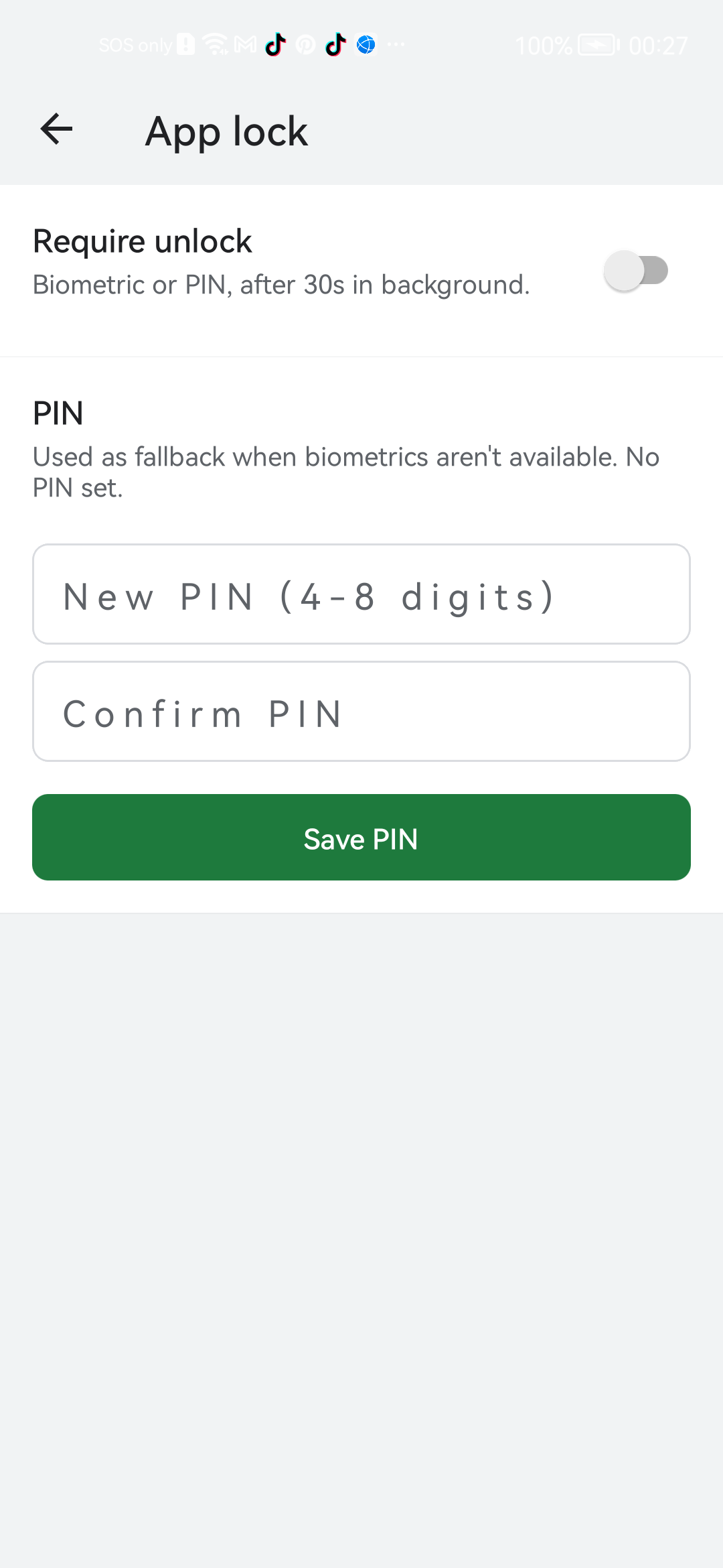 Bexbox App lock screen with Require unlock toggle and PIN setup