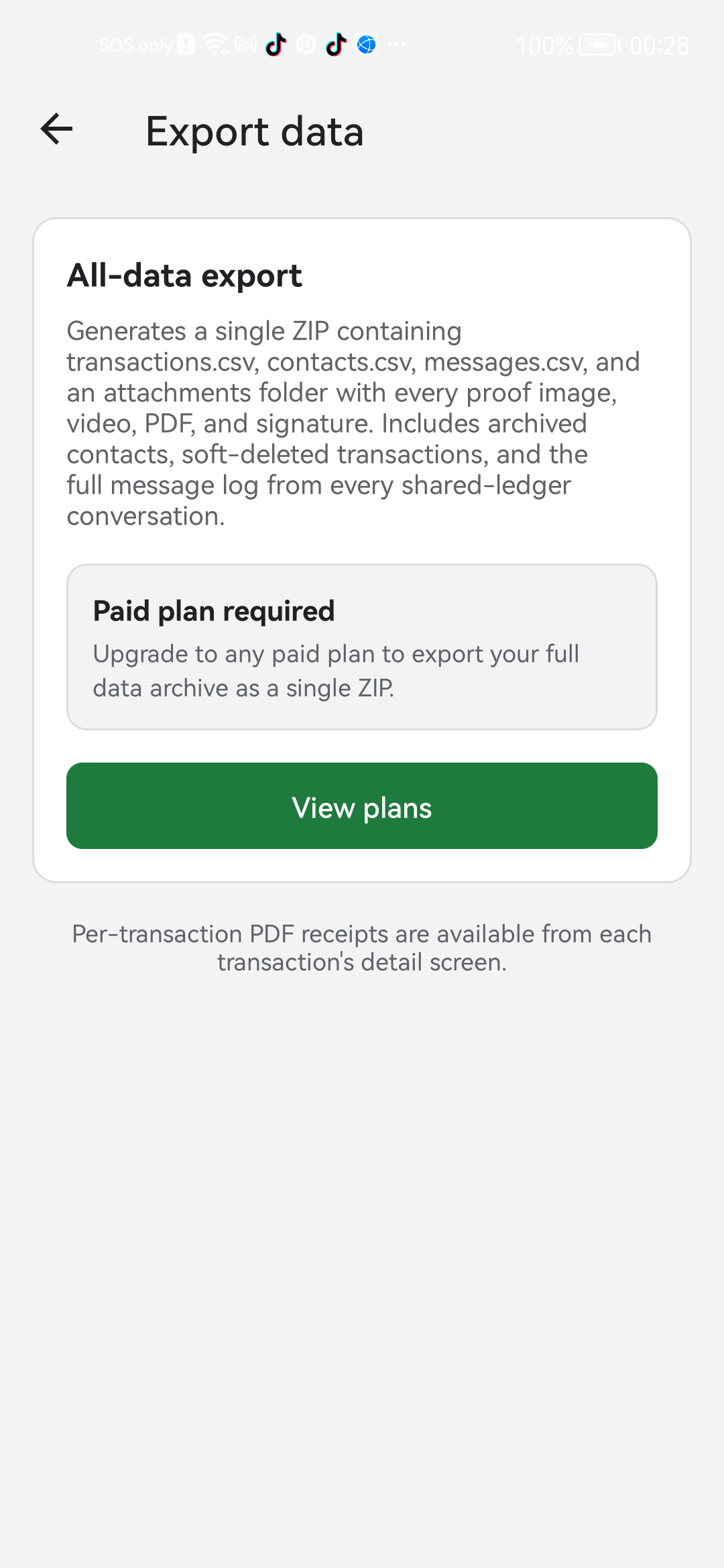 Bexbox Export data screen with All-data export ZIP and paid plan gate