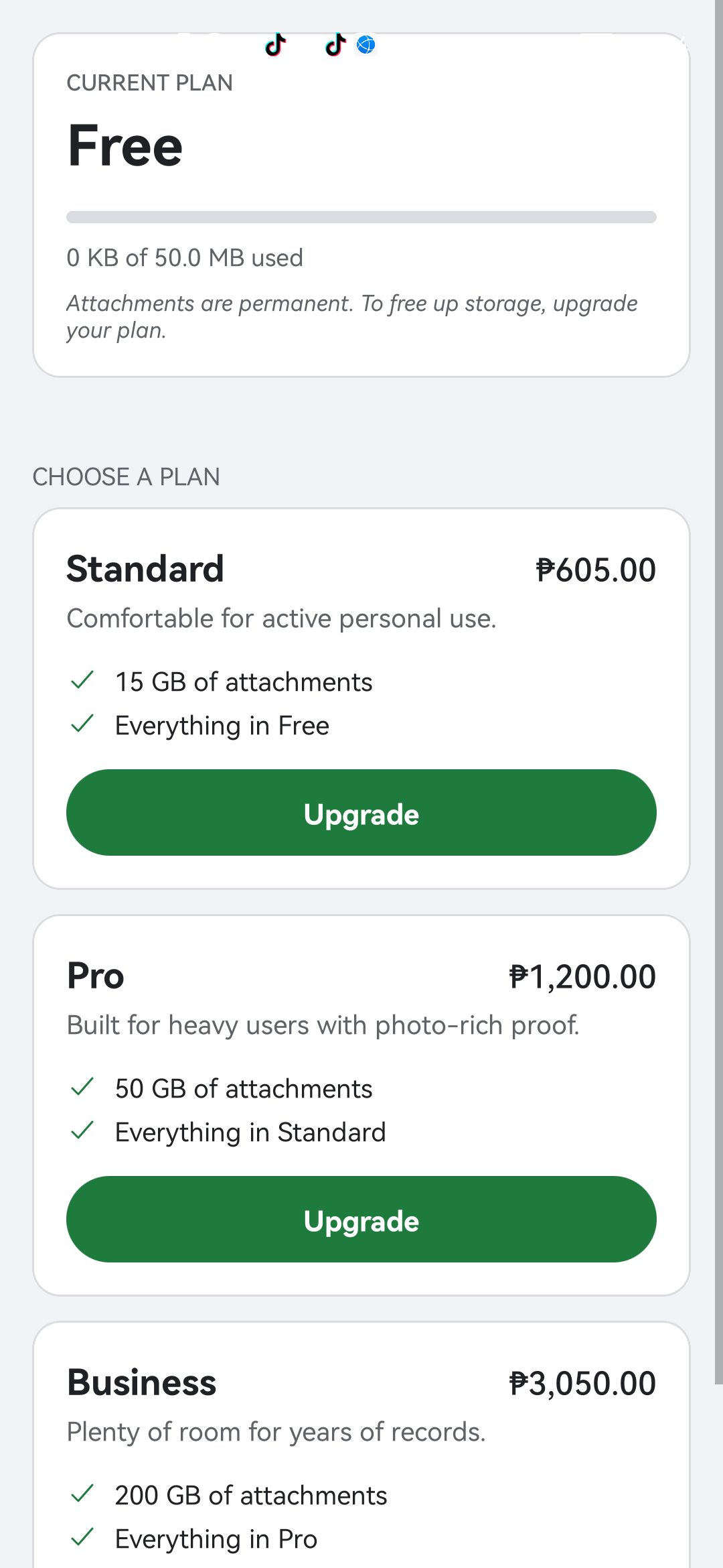 Bexbox Plan and storage screen with upgrade options