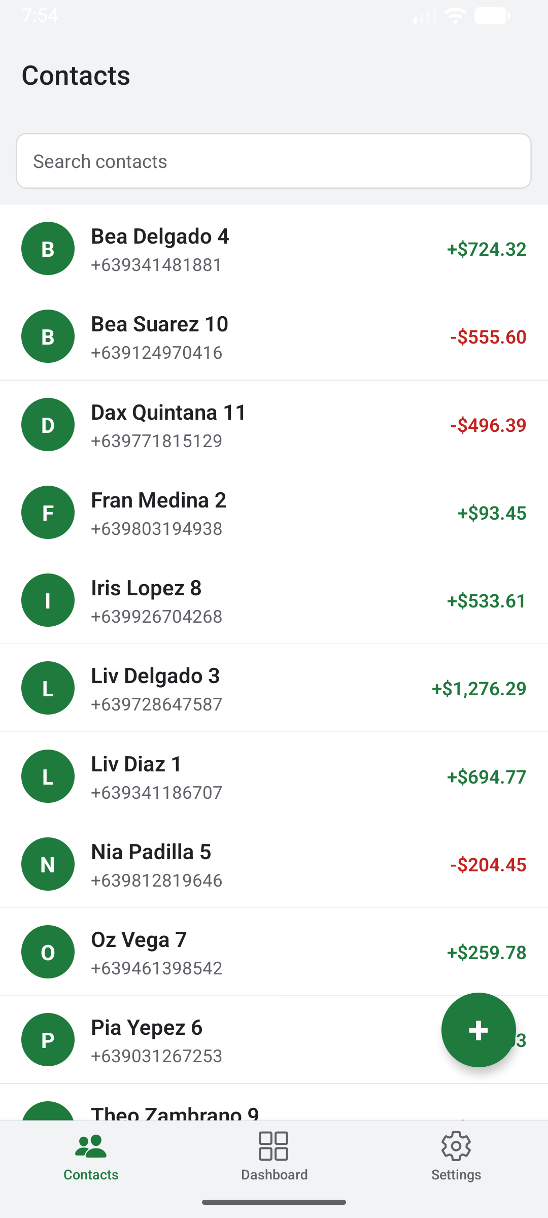 Contacts list with running balances per person