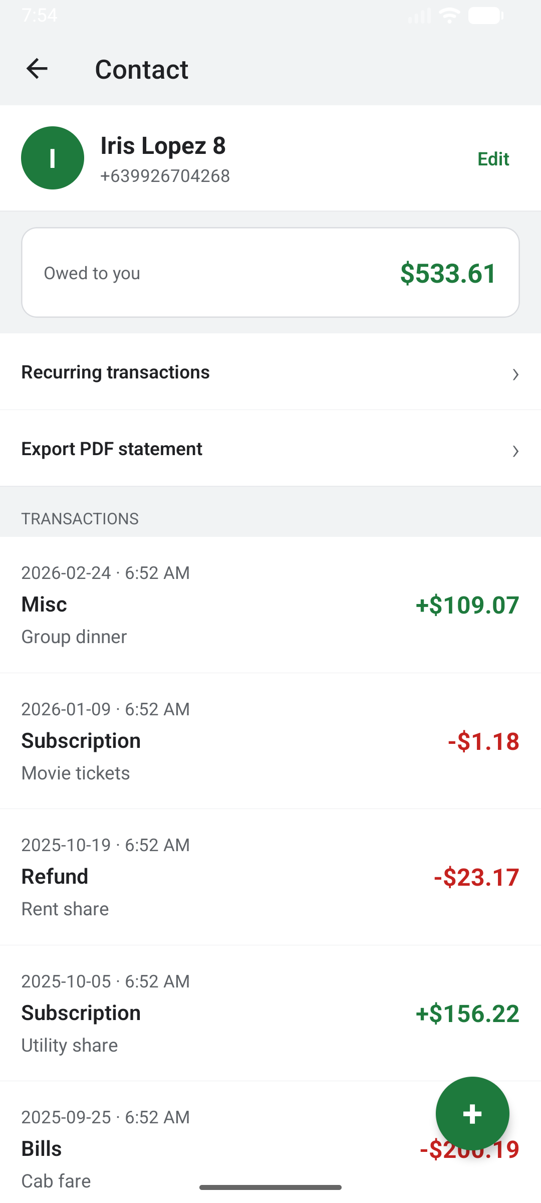 Contact detail with transactions and attached proof